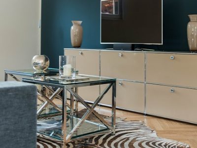 Wohnzimmer Gestaltung blaue Tapete Innenraum - Malerbetrieb Grünberg